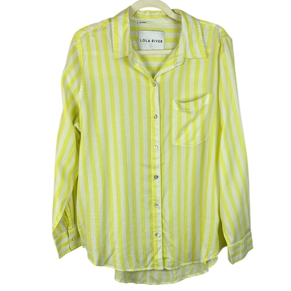 Lola River Yellow & White Vertical Stripe Long Sleeve Button-Down Large Shirt